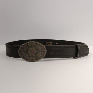 Tooled Leather Belt With Floral Buckle